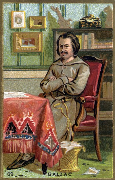 オノレ・ド・バルザック（1799 - 1850）のオフィスにて。19世紀のカラーリトグラフ。 作： Unknown artist