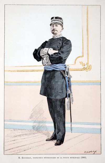 オノラ、市警の部門検査官（1884年）。アルフレッド・レイによるセーヌ川警部のルイ・ルピーヌ（1846-1933）の後援で出版された本「平和の戦士たちの歴史」の挿絵のためのカラーエッチング。 作： Unknown artist