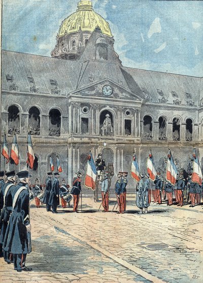 アンヴァリッド・ホテル - パリ - 1898年6月26日：代表団は、1895年9月30日にタナナリヴ王妃の宮殿に掲げられたアルジェリ・アウイ連隊の旗を、アンヴァリッドの総督アルヌー将軍に手渡した。Le Pelerin」誌のイラスト 作： Unknown artist