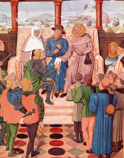 百年戦争：「シャルル7世（1403-1461）がジョアン・オブ・アーク（1412-1431）に文書を贈る」 ジョアン・オブ・アークの仲間であるベイユのジョン5世（1406-1477）がオルレアンの包囲を報告した手稿「Le Jouvencel」のミニチュア。1461-1468年 王立図書館 作： Unknown artist