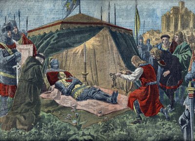 百年戦争: "La mort de Bernard du Guesclin (1320-1380) devant Chateauneuf de Randon le 13/07/1380" - デュゲスクランの死（1380年7月13日、シャトーヌフ・ド・ランドン包囲戦の最中） - 1921年8月7日 "Le pelerin" に掲載された挿絵。 作： Unknown Artist