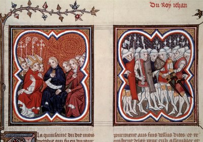 百年戦争：「左には後のドルフィンであるシャルル5世（1338-1380）（この時は摂政）と一般国の参議院議員が1356年のポワティエの戦いの後、父ジョン2世の解放を命じ、彼はエティエンに囲まれていた 作： Unknown artist