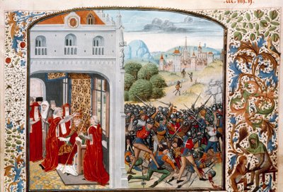 百年戦争：「教皇グレゴワール11世（1329-1378）が1370年にアヴィニョンで戴冠。1370年12月4日、フランス人とイギリス人によるポンヴァランの戦い」 ジャン・フロワサール（1337-1400）の「年代記」からのミニチュア 15世紀パリ。B.N. 作： Unknown artist