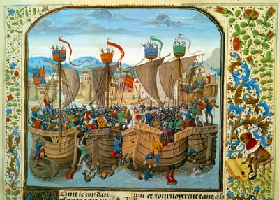 百年戦争：「1340年6月20日、ヴァロワ家のフランス人フィリップ6世とエドワード3世のイギリス人との間で行われたエクリュス（オランダ）での海戦」15世紀のジャン・フロワサール（1337-1400）の「年代記」から引用されたミニチュア。パリB.N 作： Unknown artist