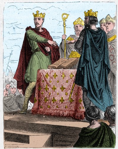 百年戦争： 1360年5月8日、ブレティニー城（シャルトル近郊）で、イングランド王エドワード3世の全権大使とフランス王ジョン2世の息子シャルルの全権大使との間でブレティニー条約が結ばれる。 作： Unknown artist