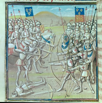 百年戦争：1346年8月26日、フランス軍とイギリス軍の間で行われたクレシーの戦い。14世紀の写本のミニチュア パリ、Bibliotheque de l