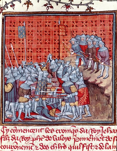 百年戦争：「戦闘中のフランス王ジョン2世（1319～1364年）」 ジャン・フロワサール（1337～1400年）の「フランス大年代記」から引用されたミニチュア 14世紀 シャンティイ、コンデ美術館蔵 作： Unknown artist