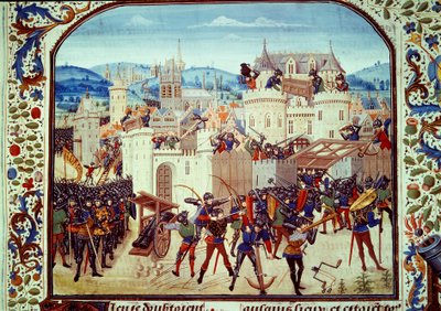 百年戦争：1340年、ジャン・デ・ハイノー伯爵によるピカルディのオーベントンの街のバッグ。ジャン・フロワサール（1337-1400）の「年代記」のミニチュア。B.N. 作： Unknown artist