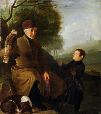 ハヤブサを持つハンタープラトン・アレクサンドロヴィチ・ズボフ王子（1767-1822）とイワン・アンドレーヴィチ・ヤクボフスキー（1770-1864）の肖像、匿名。油彩・カンヴァス 1810年代末 ウラジーミル国立建築・歴史・美術博物館所蔵 作： Unknown artist