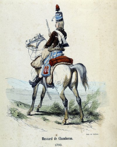 1793年、シャンボランのユサールが馬に乗って登場。 作： Unknown artist