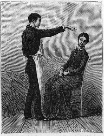 催眠現象：患者の目の前で突然手を伸ばすことで催眠が起こる。1881年に作成された版画。 作： Unknown artist