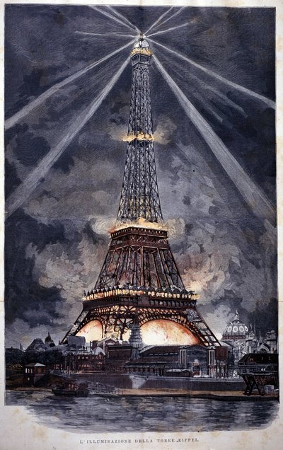 1889年の万国博覧会でのエッフェル塔のイルミネーション。 作： Unknown artist