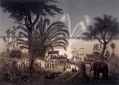 シャム・ラオスのバサック祭の際に行われた川のイルミネーション。1873年にF.ガルニエの指揮で出版された "Atlas of the exploration voyage in Indochina carried out during the year 1866-1868 "にて。 作： Unknown artist