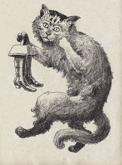 フランスの作家、シャルル・ペロー（1628-1703）の物語「Le chat Botte」の挿絵。匿名のイラスト。イメージ：Marcel Vagne、Jarville Nancy、年代不詳（19世紀後半）。 作： Unknown artist