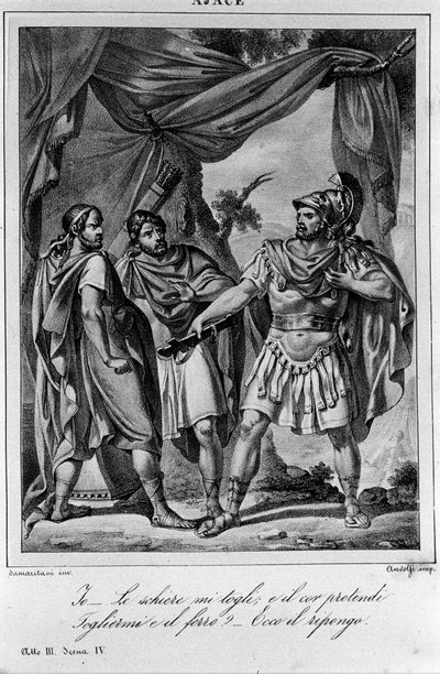 イタリアの詩人・劇作家ウーゴ・フォスコロ（1778-1827）による『エイジャックス（Aiace）』第4幕第3場の挿絵（19世紀 作： Unknown artist