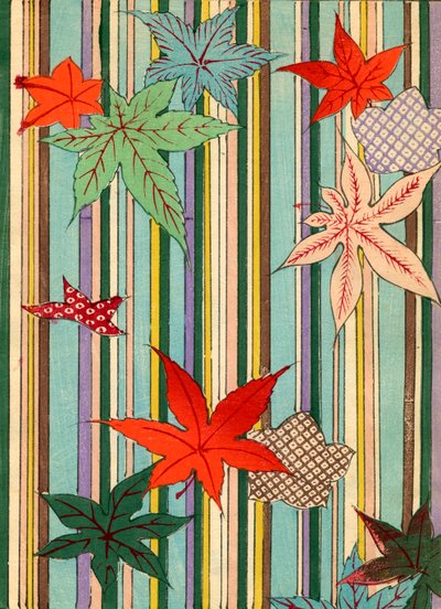 縞模様の背景に紅葉のイラスト 作： Unknown artist
