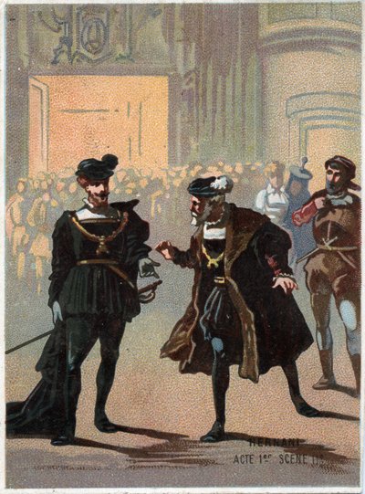 イタリアの作曲家ジュゼッペ・ヴェルディ（1813-1901）が、ヴィクトル・ユーゴーの悲劇「エルナーニ」の後、1844年に制作したオペラ「エルナーニ」第1幕第2場のイラスト。19世紀末のクロモリトグラフ。 作： Unknown artist
