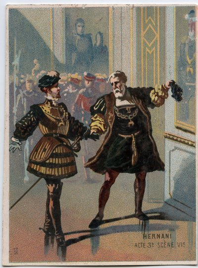 イタリアの作曲家ジュゼッペ・ヴェルディ（1813〜1901）のオペラ「エルナーニ」第3幕第6場のイラスト。ヴィクトル・ユーゴーの悲劇「エルナーニ」の後、1844年に制作された。19世紀末のクロモリトグラフ。 作： Unknown artist