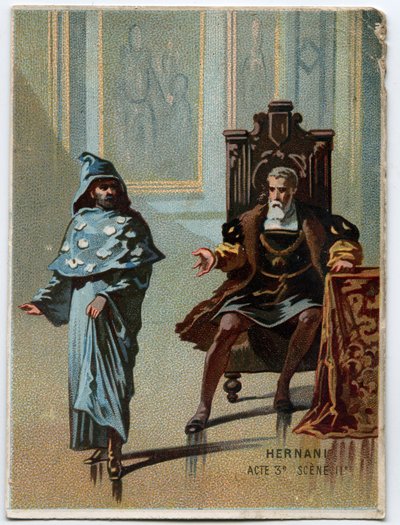 イタリアの作曲家ジュゼッペ・ヴェルディ（1813〜1901）が、ヴィクトル・ユーゴーの悲劇「エルナーニ」の後、1844年に制作したオペラ「エルナーニ」第3幕第2場のイラスト。19世紀末のクロモリトグラフ。 作： Unknown artist