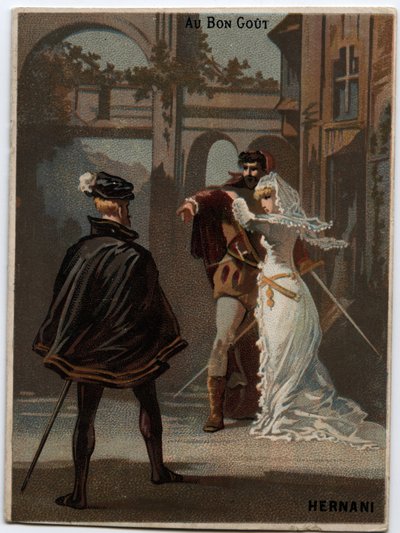イタリアの作曲家ジュゼッペ・ヴェルディ（1813〜1901）が、ヴィクトル・ユーゴーの悲劇「エルナーニ」の後、1844年に創作したオペラ「エルナーニ」のイラスト。19世紀末のクロモリトグラフ。 作： Unknown artist