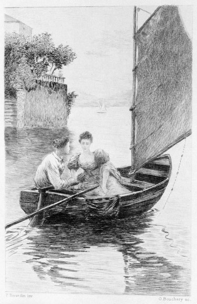スタンダールの「赤と黒」の挿絵。1830.ジュリアン・ソレルとマダム・ド・レナルが帆船に乗っている様子。19世紀末のエングレーヴィング。 作： Unknown artist