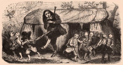 ブルトンの伝統の後の伝説のイラスト：ラオスのバグパイプ奏者とドルメンの前で踊るゴブリン 作： Unknown