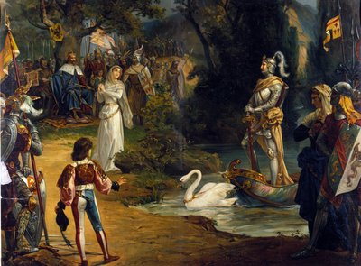 ドイツの作曲家リヒャルト・ワーグナー（1813-1883）のオペラ「ローエングリン」のイラスト。クロモリトグラフ 作： Unknown artist
