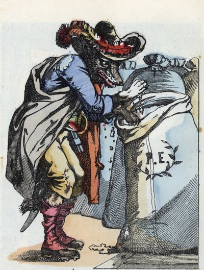 Compere le Loup, Maitre Renard, Comere la Chevre et ses petits biquets」という物語をJean de la Fontaineの寓話に基づいて描いたもの。小さな子供たちのための家庭の物語」の中で。19世紀の匿名のエングレーヴィング。 作： Unknown artist