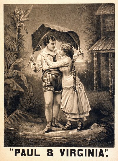 ポールとヴァージニアに関するイラスト。フランスの作家（1737-1814）Henri Bernardin de Saint Pierre (Saint-Pierre or St-Pierre)のRoman。1880年頃のリトグラフ。 作： Unknown artist