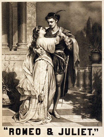 シェイクスピアの「ロミオとジュリエット」のイラスト。1880年頃のリトグラフ。 作： Unknown artist
