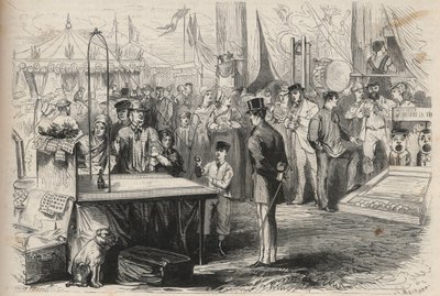 フォンテーヌブローの晩餐会に参加した皇太子ユージン・ルイ・ジョセフ（1856-1879）。紐で吊るされたボールの力を借りて、人形を脱力させようとしている。"The Universe illustrious "のエングレーヴィング 作： Unknown artist