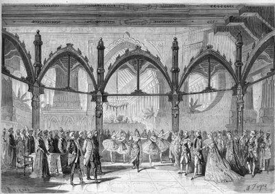 コミックオペラ帝国劇場：ダニエル・フランソワ・エスプリ・オーベル（1782-1871）のオペラ「幸福の第一日」の第2幕第4場。"The Illustrious Universe "のエングレーヴィング 作： Unknown artist