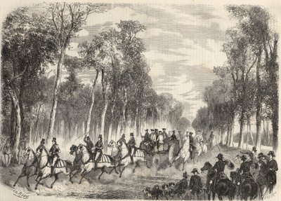 ナポレオン3世（1808-1873）とウージェニー皇女（1826-1920）がコンピエーニュで行った皇室の狩猟。1857年の「Le Monde illustrious」に掲載されたエングレーヴィング。個人蔵。 作： Unknown artist