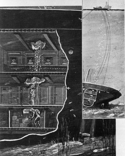 1885年、ダイバーのアレクサンダー・ランバートは、カナリア諸島の深海に沈んだ難破船「アルフォンソ12世」の宝物庫に到達した。当時のイラスト 作： Unknown artist
