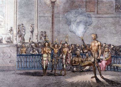 インドの文化と文明。インドのブラーフマンの神クリシュナ（クリスナまたはクルスナ）を称える踊り。1808年のエングレーヴィング。 作： Unknown artist