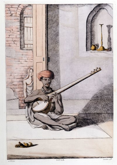 インドの文化と文明：伝統的な楽器であるシタールを演奏する音楽家、インド。1808年のエングレーヴィング。 作： Unknown artist
