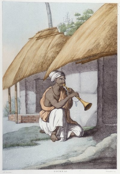 インドの文化・文明・社会：インドの伝統的な笛を持つ音楽家。1808年に描かれたもの。 作： Unknown artist