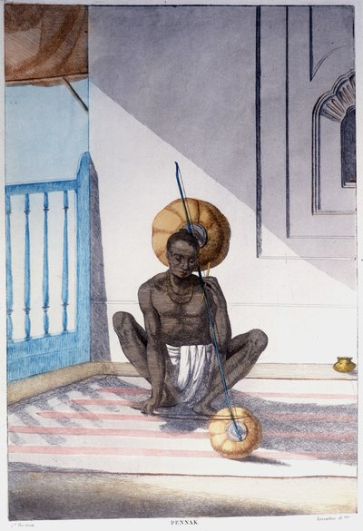 インドの文化・文明・社会：インドの伝統的な弦楽器を持つ音楽家。1808年に描かれたもの。 作： Unknown artist