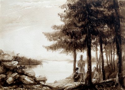 湖のほとりのインディアン19世紀のリトグラフ。ラ・ロシェル、ミュゼ・デュ・ヌーヴォー・モンド 作： Unknown artist