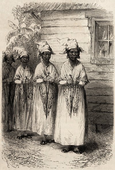 フェット・デューのカトリックの行列に参加するガイアナの先住民の女性たち。1862年から1863年にかけてのフランス領ギアナでの航海を説明するために、フレガート号の船長フレデリック・ブイエが描いたエングレーヴィング。 作： Unknown artist