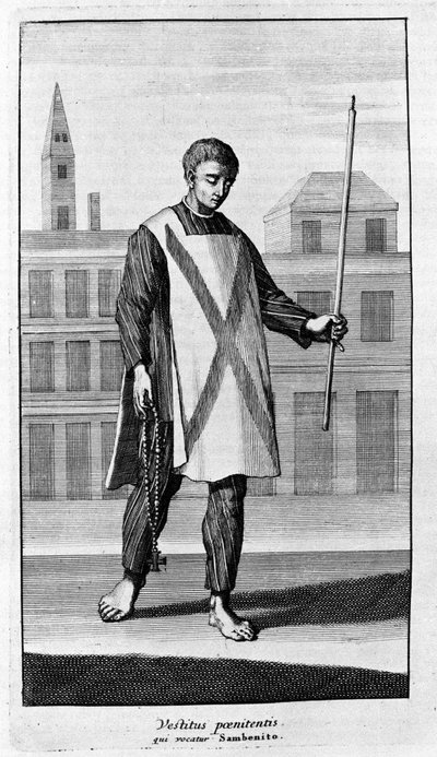 異端審問。オートダフェの行列のためのサン・ベニートの服。アムステルダム1692年の『異端審問史』からの挿絵。 作： Unknown artist