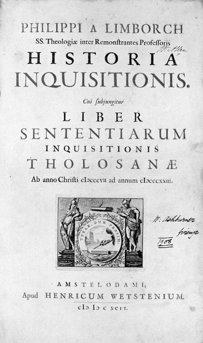 異端審問。1692年にアムステルダムで出版された "History of the Inquisition "の正面図。 作： Unknown artist
