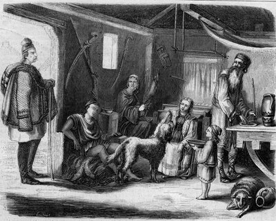 1859年、ベオグラード近郊にあるセルビアの農民の家の内部。 作： Unknown artist