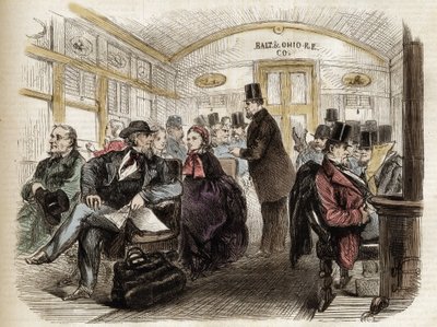 アメリカ、ボルチモア＆オハイオ鉄道の客車の内部 - 1861年 - 1860年のアメリカのワゴンの内部 作： Unknown artist