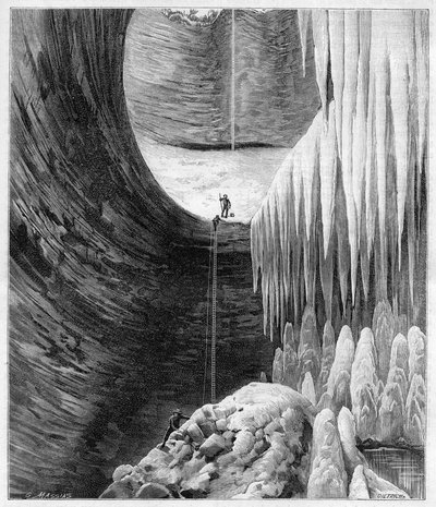 1892年3月に初めて爆発したクルー・パース（Creux Perce）（コテ・ドール）の天然氷河の内観-1892年の「La nature」に掲載された彫刻。 作： Unknown artist
