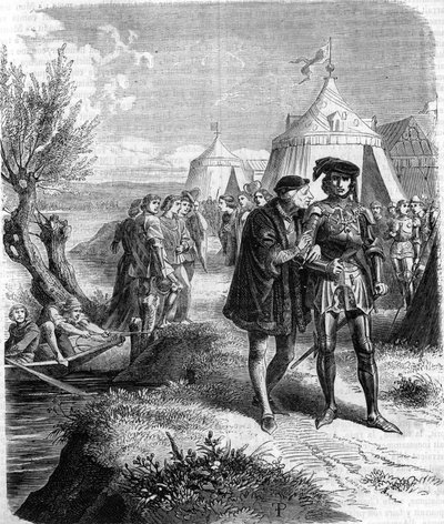 1465年9月、国王ルイ11世とシャロレー伯爵（ブルゴーニュ公シャルル・ザ・テメレール（1433-1477））の会見。19世紀のエングレーヴィング。 作： Unknown artist