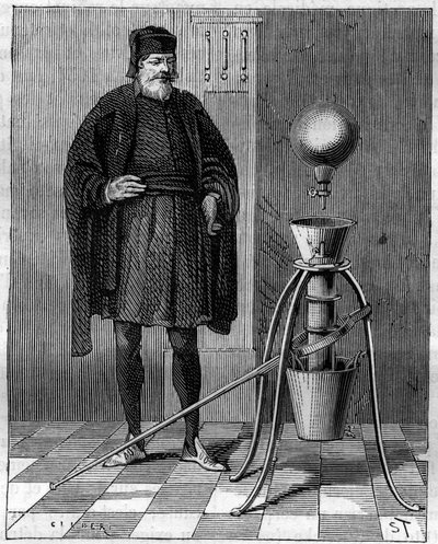 発明。ドイツの発明家、オットー・デ・ゲリッケ（Otto de Guericke）（1602-1686）による空気圧機械。"La Nature "に掲載された版画 作： Unknown artist
