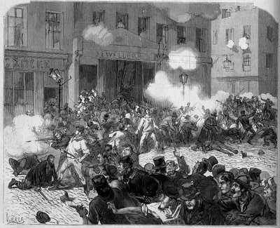 1872年、アイルランド。ベルファスト紛争、オレンジ主義者とカトリック教徒の争い。 作： Unknown artist