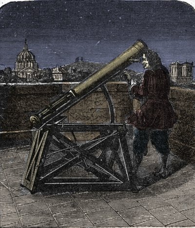 アイザック・ニュートン（1642-1727） 望遠鏡を使うイギリスの物理学者。 作： Unknown artist
