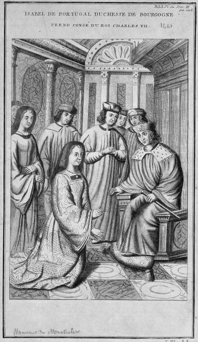 ポルトガルのイザベラ(1397-1472) ブルゴーニュ公爵夫人が王シャルル7世に苦言を呈する。 作： Unknown artist